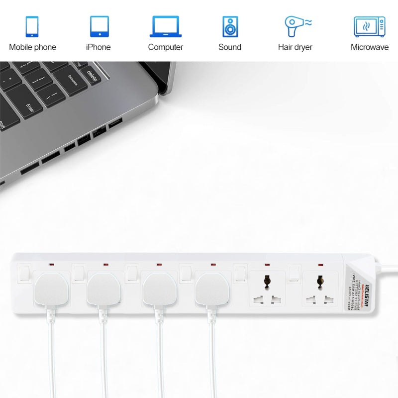 Universal socket white 6 outlet smart power strip 2m cable desktop individual switch extension socket - Dansmart Elektrotech