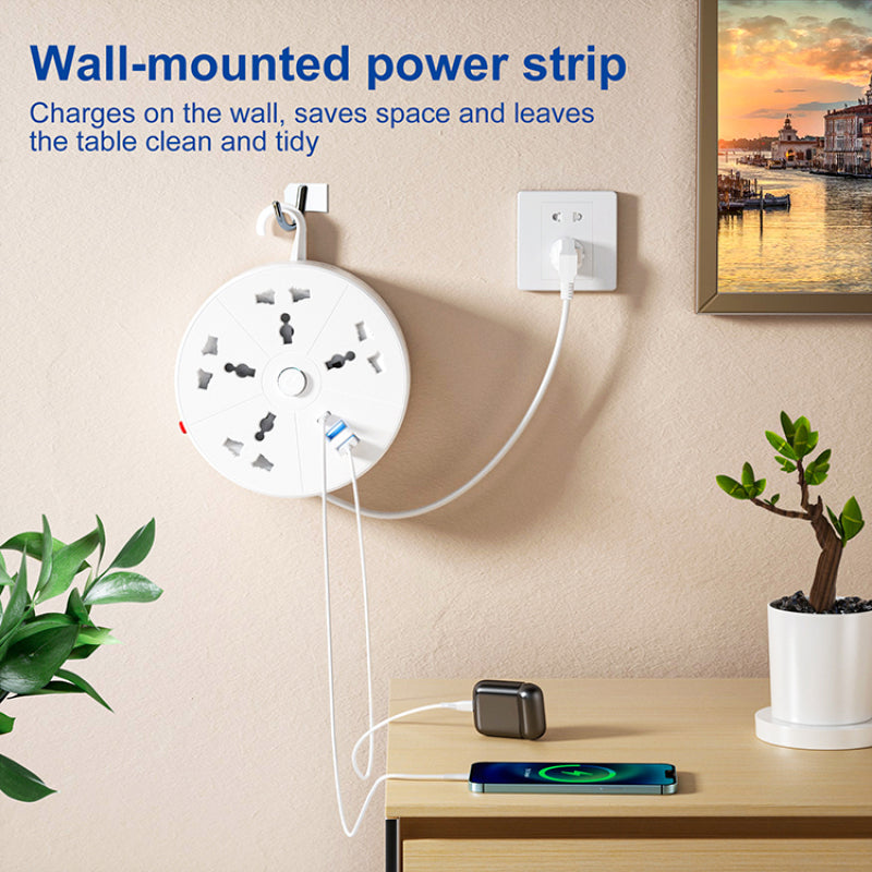 Round Design Universal Retractable Power Strip 4 Outlets 2 USB 1 Type-c Charging With Switch Wall Hook Cable Reel Power Strip - Dansmart Elektrotech