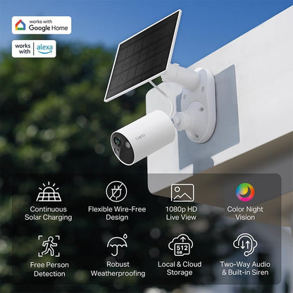 Tapo TP-Link 𝗧𝗮𝗽𝗼 SolarCam C402 Kit, Outdoor Battery Camera w/Solar Panel Base, Wireless, 1080P, Free Person Detection, SD/Cloud Storage, Color Night Vision, No Hub Needed, Works w/Alexa - Dansmart Elektrotech