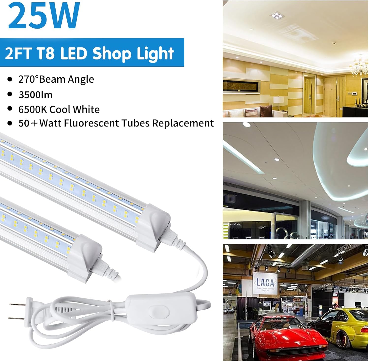 AQIQUUT Led Shop Light 2ft, Led Shop Light,25W 6500K 3200LM Clear Cover,T8 LED Light Fixture,Ceiling and Utility Shop Lights, Linkable Light Fixture for... - Dansmart Elektrotech
