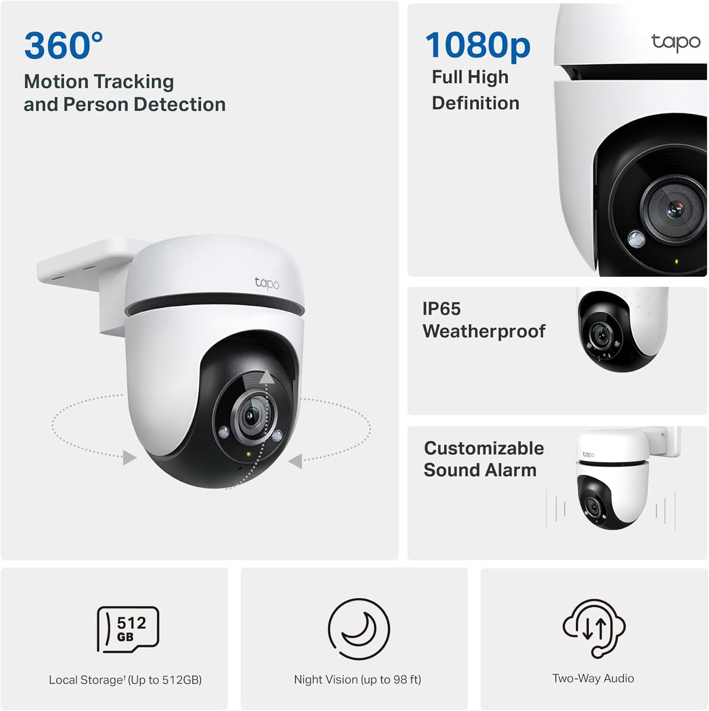 Tapo 1080P Outdoor Wired Pan/Tilt Security Wi-Fi Camera, 360° View, Motion Tracking, Works with Alexa &amp; Google Home, Night Vision, Free AI Detection, Cloud &amp; SD Card Storage(up to 512 - Dansmart Elektrotech