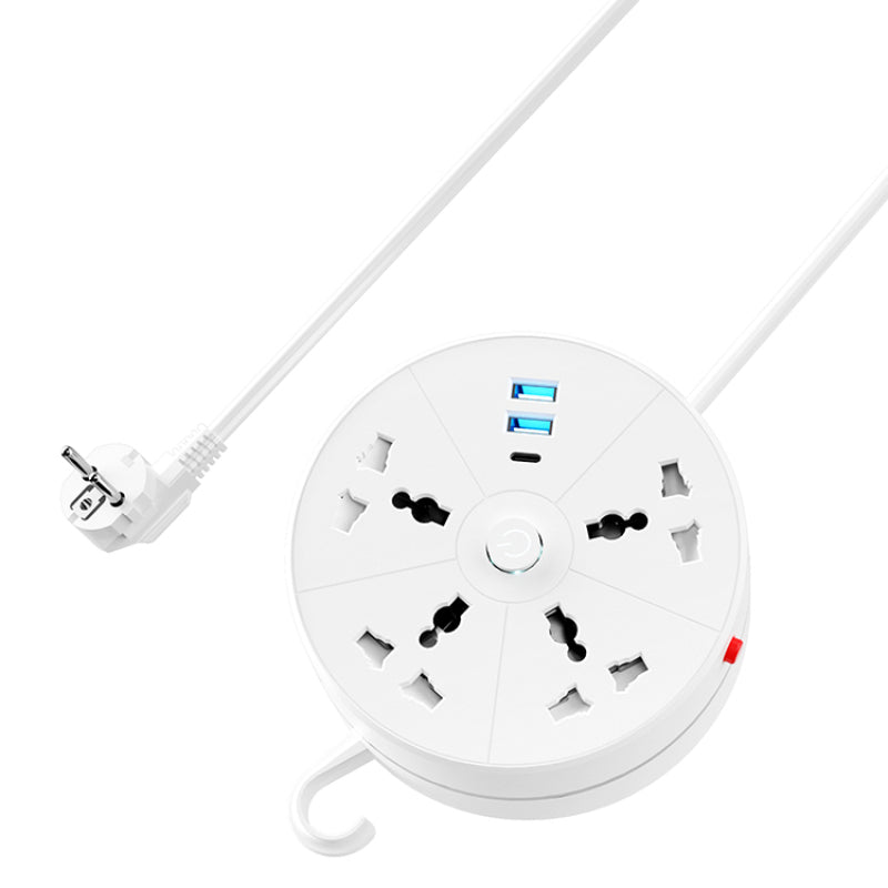 Round Design Universal Retractable Power Strip 4 Outlets 2 USB 1 Type-c Charging With Switch Wall Hook Cable Reel Power Strip - Dansmart Elektrotech