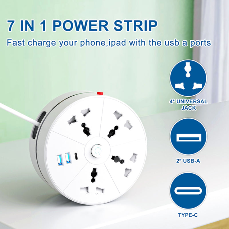 Round Design Universal Retractable Power Strip 4 Outlets 2 USB 1 Type-c Charging With Switch Wall Hook Cable Reel Power Strip - Dansmart Elektrotech