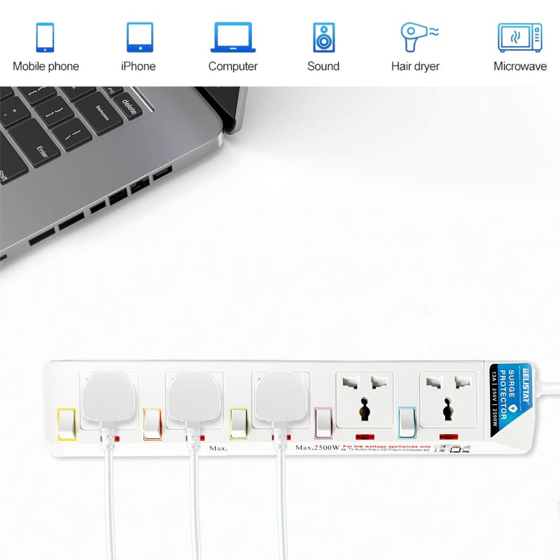 Gelistar Power Socket 5 Outlets White Electrical Power Strip Home Office Appliances Extension Socket - Dansmart Elektrotech